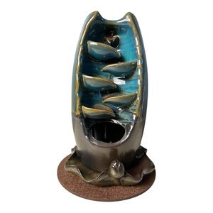 Ceramic Blue Brown Waterfall Backflow Incense Burner Holder Table Top
